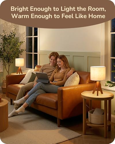 EDISHINE Tripod Table Lamp, Small Cute Bedside Lamp with Linen Beige Lampshade, Nightstand Lamp for Nursery, Bedroom, Kid Room, Living Room, Light Brown Wooden Base, E26 Socket, 14.2 Inch - color: Light Brown