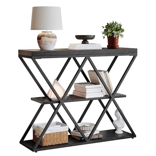 Garvee 3 Tier Console Table,39" Industrial Entryway Table,Open Wood Shelves | Sofa Table,Narrow Wood Accent Tables with Metal Frame for Hallway,Living Room,Behind Couch,Foyer,Entrance,Black - color: Black + X-shaped