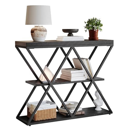 Garvee 3 Tier Console Table,39" Industrial Entryway Table,Open Wood Shelves | Sofa Table,Narrow Wood Accent Tables with Metal Frame for Hallway,Living Room,Behind Couch,Foyer,Entrance,Black - color: Black + X-shaped