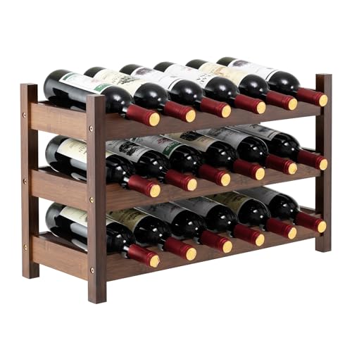 COSTWAY 3-Tier Bamboo Wine Rack, 18-Bottle Tabletop Wine Holder with Wave Slot, Freestanding Countertop Wine Bottle Organizer for Kitchen, Pantry, Pub & Wine Cellar, Brown (24.5L x 9.5W x 15H) - color: Brown, size: 24” x 9.5” x 15” (L x W x H)
