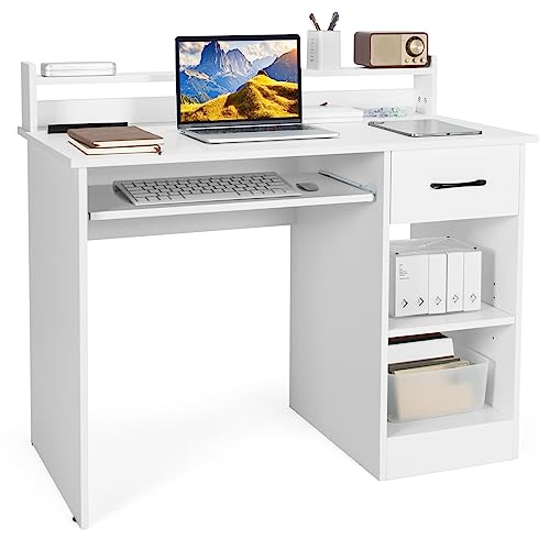 GOFLAME White Computer Desk, Home Office Desk with Large Drawers, Hutch, Keyboard Tray, 5-Position Adjustable Open Shelves, Easy Assembly, Writing Desk for Bedroom, Small Space, Living Room, White - color: White