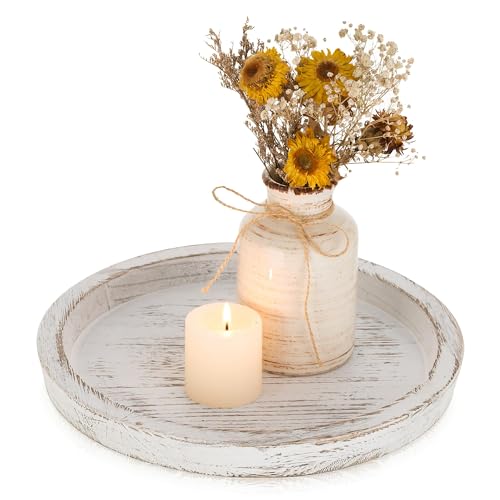 Romadedi Rustic Wooden Tray Candle Holder - Round Wood Decorative Pillar Candle Tray for Coffee Table Farmhouse Kitchen Countertop Organizer Home Decor Wedding Centerpiece, Distressed White - color: Distressed White