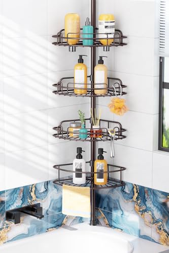 HAMITOR Shower Caddy Tension Pole: 4-Tier Rustproof Bathroom Corner Shelf Organizer for Renters - No Drill Large Shampoo Storage Rack Adjustable 47-121 Inch - Space Saving Bathtub Accessory - Bronze - color: Bronze