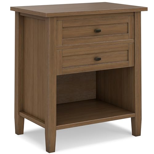 SIMPLIHOME Warm Shaker Nightstand - 24 inch Wide Solid Wood Bedside Table in Rustic Natural Aged Brown, Transitional Side Table or End Table with 2 Drawers, Open Shelf, Bronze Knobs and Tapered Legs - color: Rustic Natural Aged Brown