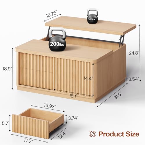Itaar 39.4'' Lift Top Coffee Table with Storage, Fluted Coffee Tables for Living Room, Square Coffee Table with Large Hidden Compartment & 2 Drawrs & Adjustables Shelves, Oak - color: Oak