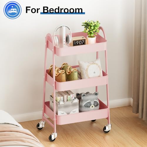 DUMOS 3 Tiers Metal Rolling Utility Cart with Lockable Wheels, Mobile Storage Organizer, Utility Shelving Unit for Kitchen, Office, Bathroom, Laundry, Narrow Places, Pink - color: 3 Tiers Pink