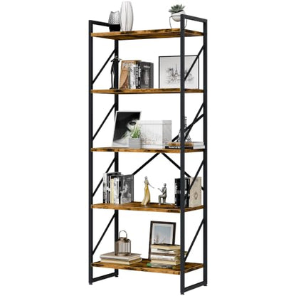 Vongrasig 5 Tier Bookshelf, Modern Industrial Bookcase with Metal Frame | 62” Tall Display Shelf, Free Standing Storage Organizer for Home Office, Living Room, Bedroom, Rustic Brown - color: Rustic Brown