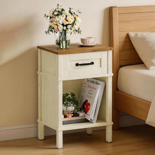 White Farmhouse Nightstands, Nightstand with Drawers, Small Bedside Table | Modern Bedroom Nightstand, Farmhouse End Table,White Wood Night Stand,Side Table Bedroom,End Table with Storage LET512WR - color: White and Rustic Brown