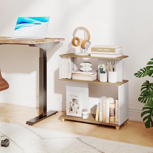 GOFLAME 3-Tier Geometric Bookcase, S-Shaped Bookshelf with 2 Open Back Compartments, Modern Display Rack, Narrow Compact Side End Table Nightstand for Living Room, Home Office (1,White & Natural) - color: White & Natural