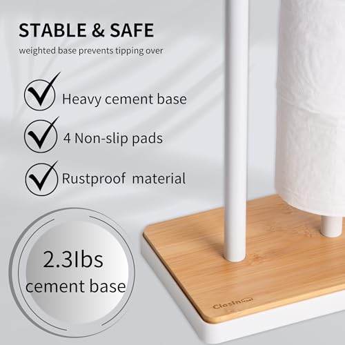 Clasin Home Toilet Paper Holder Stand, Free Standing Toilet Paper Holder with Storage and Top Shelf, White Toilet Paper Stand Weighted Base with Bamboo Design for Bathroom - color: White With Bamboo Base