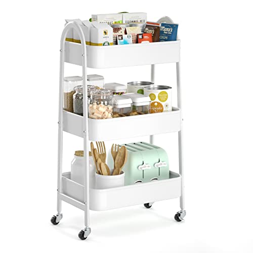 3 Tier Utility Rolling Cart, Metal Storage Cart with Handle and Lockable Wheels, Multifunctional Storage Organizer Trolley with Mesh Baskets for Kitchen, Living Room, Office, Garage (White) - color: White, size: Normal