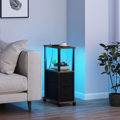 TUTOTAK Small Narrow End Tables, LED Side Tables with 2 Fabric Drawers, Set of 2, Bedside Tables with Charging Station for Small Spaces, Slim Nightstands with USB Ports and Wheels, TB01BB053L - color: Brown, style: with LED Light & Outlets