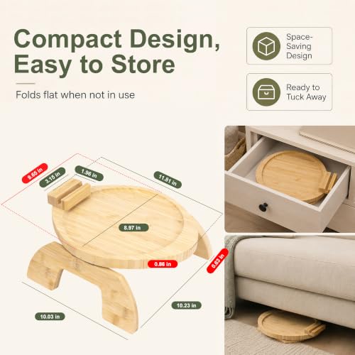 Couch Arm Tray Table Oval, Bamboo Clip-On Sofa Armrest Snack Tray with 360° Phone Holder, Collapsible Cozy Sofa Armrest Tray Bamboo Side Table for Drinks, Food or Something Else (1-Pack) - color: Round Natutal