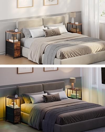 TUTOTAK Small Narrow LED End Table with Charging Station, Side Table Outlets, Nightstand with 2 Cloth Drawers, Set of 2, Couch Table, for Living Room, Bedroom, Bedside, Brown TB01BB056 - color: Brown, style: 2 Drawers with Plug & Light