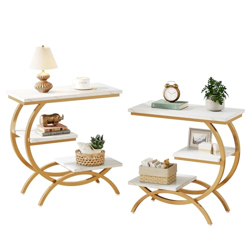 Tribesigns C-Shaped End Table Set of 2, Industrial 3-Tier Small Side Table for Couch, Wood Bedside Table Snack Side Table with Storage Shelves for Living Room Small Space, White Gold - color: White Gold