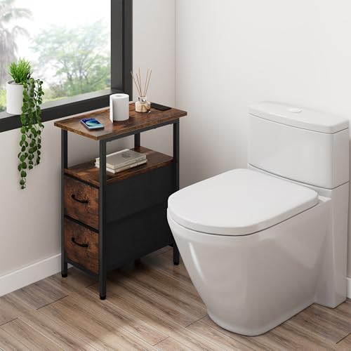 Vagusicc Set of 2 Nightstand with Charging Station and LED Lights, Narrow Side Table, LED Night Stand with 2 Fabric Drawers, Bedside Table Small End Table, Tall Nightstand for Bedroom, Rustic Brown - color: Rustic Brown, size: 2, style: With LEDs
