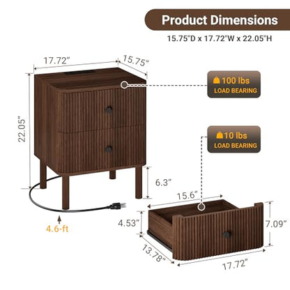 Fluted Nightstand Set of 2 with Charging & Rounded Drawer Fronts | 18in Wide, Bedroom, Natural Oak, FSC-Certified MDF, Solid Wood Legs, 2 Drawer, Metal Knobs, Bedside Table, End Table, Modern - color: Walnut - Rounded Drawer, size: 18"W
