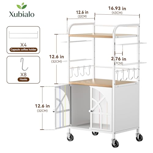 Xubialo 3 Tier Small Rolling Coffee Bar Cart, 16.9 x12 Kitchen Stand Station with Storage, Coffee Station Table on Wheels, 4 K Cup Pod Holder, 8 Hooks for Home, Office