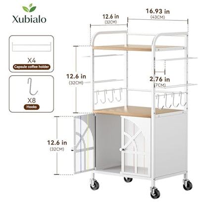 Xubialo 3 Tier Small Rolling Coffee Bar Cart, 16.9 x12 Kitchen Stand Station with Storage, Coffee Station Table on Wheels, 4 K Cup Pod Holder, 8 Hooks for Home, Office