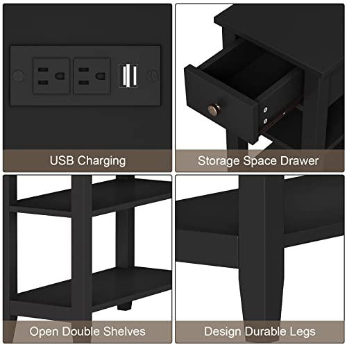ChooChoo Narrow End Table with Charging Station, Side Table Living Room with USB Ports & Power Outlets and Hidden Drawer, 3-Tier Skinny Nightstand with 2 Open Storage Shelves for Small Place (Black) - color: Black