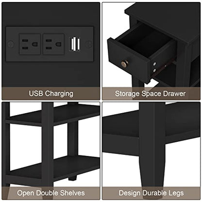 ChooChoo Narrow End Table with Charging Station, Side Table Living Room with USB Ports & Power Outlets and Hidden Drawer, 3-Tier Skinny Nightstand with 2 Open Storage Shelves for Small Place (Black) - color: Black