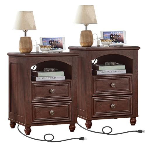 RWYHG 18" Night Stand Set 2 with Charger Station, Nightstand with 2 Drawers | Farmhouse Modern Bedside Table, Open Storage Shelf, Solid Wood Legs, Walnut Bed Side End Tables for Bedroom Living Room - color: Walnut, size: 18"D x 18"W x 24"H (2 Drawers)