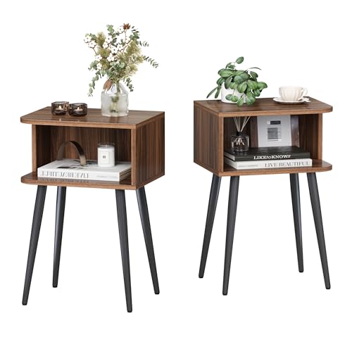 Nightstand Set of 2, Small Bed Side Table for Small Spaces, Mid Century Modern Nightstand End Table with Open Storage, Side Table for Bedroom Living Room, Walnut Brown MLBZ20R-2 - color: Walnut Brown