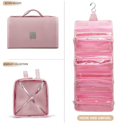 Roll Up Makeup Bag, Travel Toiletry Bag for Women with 4 Clear TSA Approved Pouches, Hanging Travel Organizer, Folding Cosmetic Bag for Men and Women - color: pink