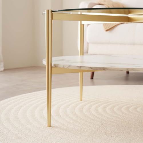 LumFurn Round Coffee Table for Living Room, Mid-Century Modern Design, D30 x H17, 2-Tier Structure, Clear Glass Top and White Marble Finish Wood Shelf, Sleek Conical Metal Legs with Gold Finish Frame - color: Clear & White Marble, size: D30" Round Coffee
