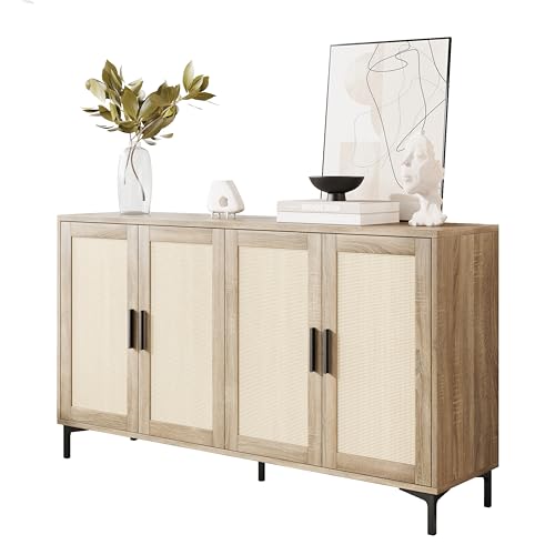JASIWAY Buffet Cabinet with Storage, 48" Rattan Coffee Bar Cabinet Station | Accent Sideboard with Adjustable Shelves, Credenza for Dining Room, Kitchen, Living Room, Entryway, Anti-Tip, Wood - color: Light Oak