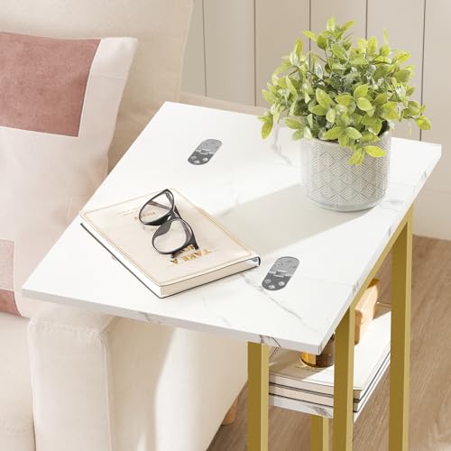 HOOBRO Foldable C Shaped End Table, C Shaped Side Table with Storage Shelf, Small Snack Table, Slide Under Couch Table for Sofa, Living Room Bedroom Small Spaces Easy Assembly, Gold DM29SF01 - color: Marble + Gold