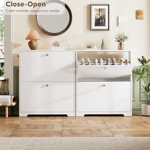 Nicetree Shoe Cabinet with 2 Flip Drawers, Narrow Shoe Organizer Cabinet, Freestanding Shoe Rack Cabinet, Modern Shoe Storage Cabinet for Entryway, Hallway, Foyer, White - color: White, style: 2-Drawers