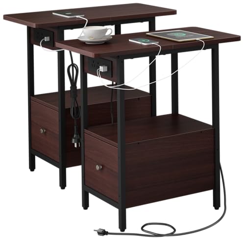 LIDYUK End Table with Charging Station, Narrow Side Table with Drawer and USB Ports & Power Outlets, Nightstand Bedside Tables for Small Spaces, Bedroom, Living Room, Dark Cherry, Set of 2 - color: Dark Cherry, size: Pack of 2