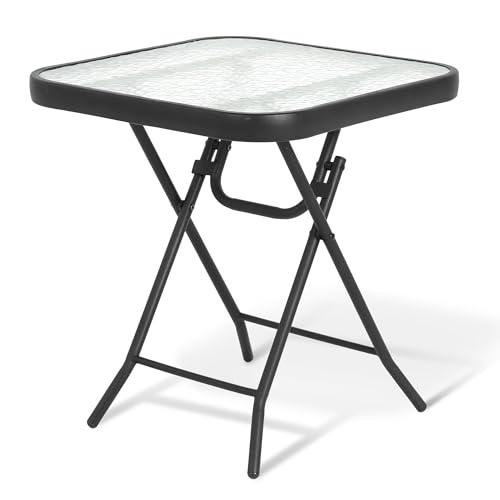 Folding Outdoor Side Table -Patio End Bistro Tables Portable Small 17.5" Square Tempered Glass Top Waterproof Dining Coffee Metal Black - color: Transparent-square