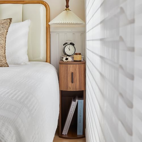 Janmer Home Fluted Narrow Nightstand for Bedroom, Curved Slim Storage End Table with Drawer, Side Table, Wooden Bedside Cabinet for Small Spaces, Walnut - color: Walnut