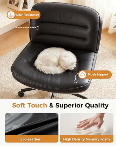 COMHOMA Cross Legged Office Chair with Wheels Armless Office Desk Chair, Modern Vanity Computer Task Chairs for Home Bedroom, Comfortable Wide Seat for Lower Back Pain Relief, PU Leahter, Black - color: Matte-black