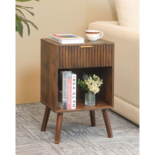 Fultyle Mid Century Modern Nightstand, Wood Bedside Table with Drawer and Open Storage, End Table Living Room Fluted Night Stand with Solid Wood Legs for Bedroom (Rustic Brown) - color: Rustic Brown