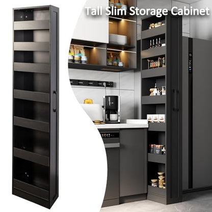 Tall Narrow Storage Cabinet, 71 Inch Tall, 8 Inch Wide, Black | 7-Shelf Slim Pull-Out Organizer with Wheels for Small Spaces, Kitchen, Bathroom, Laundry Room and Narrow Gaps - color: D-black