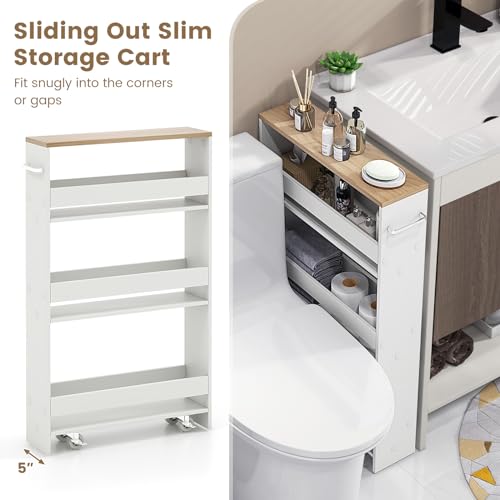 4-Tier Slim Rolling Storage Cart, Wooden Kitchen Utility Cart with Wheels & Handle, Space Saving Trolley, Slide Out Shelving Unit for Narrow Spaces, Laundry, Bathroom (White + Natural) - color: White + Natural