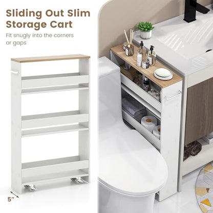 4-Tier Slim Rolling Storage Cart, Wooden Kitchen Utility Cart with Wheels & Handle, Space Saving Trolley, Slide Out Shelving Unit for Narrow Spaces, Laundry, Bathroom (White + Natural) - color: White + Natural