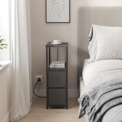 TUTOTAK Small Narrow LED End Table with Charging Station, Side Table Outlets, Nightstand with 2 Cloth Drawers, Set of 2, Couch Table, for Living Room, Bedroom, Bedside, Charcoal Grey TB01BY056 - color: Charcoal Grey, style: 2 Drawers with Plug & Light