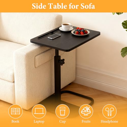 jessie Tv Tray C Table, Adjustable End Table for Couch 360° Swivel C Shaped End Table with Phone Tablet Slot for Living Room, Sofa, Bedside, Bathroom (Black) - color: Black