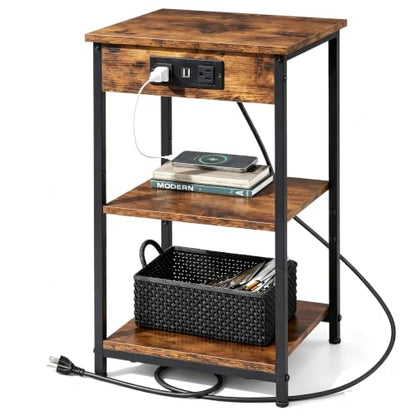 WLIVE End Table with Charging Station, Small Night Stand Rustic Brown | Side Tables with Storage Adjustable Shelf for Small Spaces; Bedside Tables for Living Room, Bedroom - color: Rustic Brown