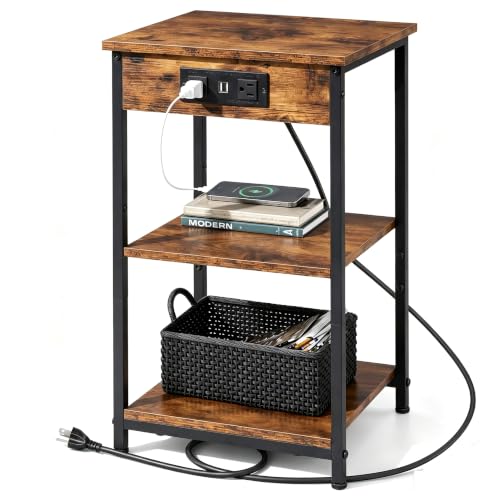 WLIVE End Table with Charging Station, Small Night Stand Rustic Brown | Side Tables with Storage Adjustable Shelf for Small Spaces; Bedside Tables for Living Room, Bedroom - color: Rustic Brown