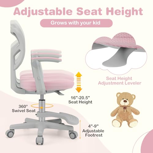 HONEY JOY Kids Desk Chair, Children Study Chair with Adjustable Height/Armrest/Footrest, Swivel Rolling Mesh Task Student Chair, Kids Computer Chair for Teens Girls Boys, Home, School, Office (Pink) - color: Pink
