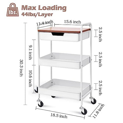 TOOLF 3 Tier Metal Utility Rolling Cart - White Storage Cart with Drawer and Wooden Table Top, Trolley Kitchen Organizer Rolling Desk with Locking Wheels for Office, Classroom, Home, Bedroom - color: White