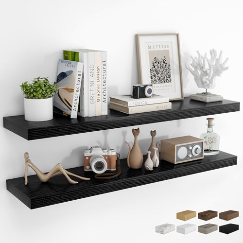 RICHFOCUS 48Inch Floating Shelves for Wall 2 Pack Shelves for Bedroom|Kitchen|Bathroom Wall Mounted Rustic Wood Floating Shelf with Invisible Brackets for Books|Storage|Decor, Black - color: Black, size: 47.2"L x 8"D, Set of 2