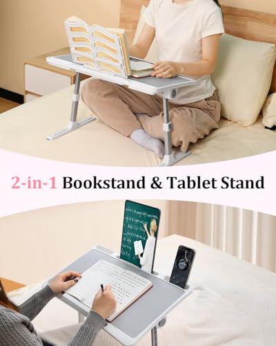 Lap Desks Laptop Desk for Bed, Adjustable Height and Angle Lap Desks for Adults, Lap Desk with Bookshelf for Bed Couch Floor Writing Working Reading Eating Painting, White