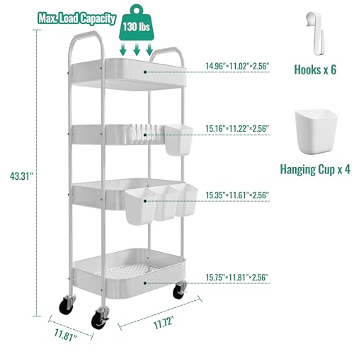 4-Tier Metal Rolling Cart with Wheels, Storage Utility Organizer Cart for Kitchen, Bathroom, Office, Baby Essentials & Makeup - Lockable Casters, Easy Assembly, Large Capacity, White