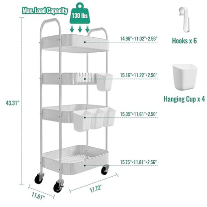 4-Tier Metal Rolling Cart with Wheels, Storage Utility Organizer Cart for Kitchen, Bathroom, Office, Baby Essentials & Makeup - Lockable Casters, Easy Assembly, Large Capacity, White